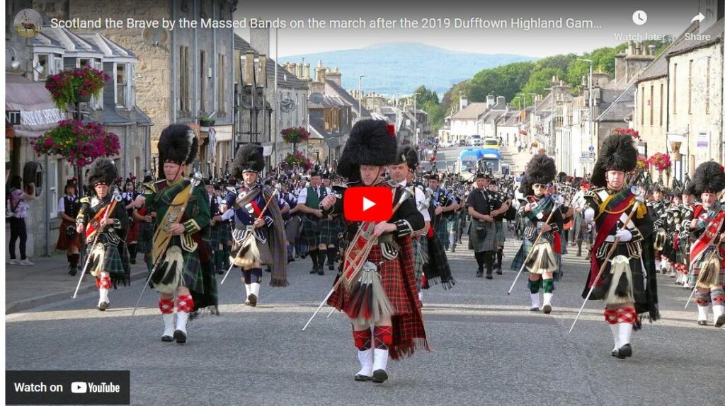 Scotland the Brave by the Massed Bands on the march after the 2019 Dufftown Highland Games in Moray